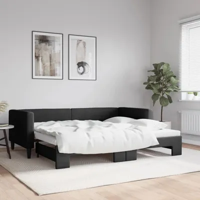 Zdjęcie produktu dla Łóżko jednoosobowe z możliwością rozłożenia na sofę, dwuosobowe, obite tkaniną, kolor czarny, wymiary 90x190 cm, z pojemnikiem na pościel