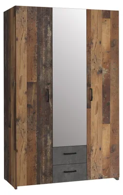 Obrázek produktu pro Šatní skříň Forte ECONOBOX 120, rustikální, 3dveřová, 2 zásuvky, zrcadlo, police, dřevotřísková deska, Imitace Old Wood Vintage | šedá barva imitující beton, šířka 119,4 cm x výška 190,5 cm x hloubka 54,4 cm