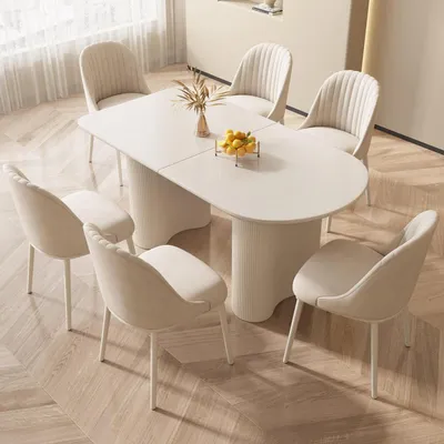 Productafbeelding van Eettafel met 6 stoelen, wit, 140 cm. Minimalistisch design, gestoffeerde stoelen, ruimtebesparend