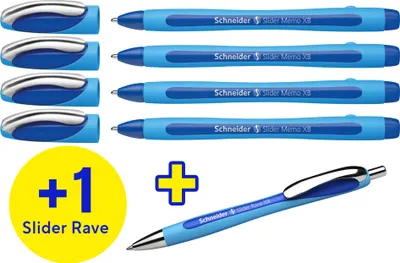 Immagine prodotto di Schneider 150275 INVITO ALL'AZIONE: 4 penne a sfera Schneider Slider Memo XB blu colore di scrittura blu + biro Schneider Slider Rave blu GRATIS