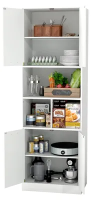 Produktbild von Mehrzweckschrank 60 cm breit mit Türen, Apothekerschrank für die Küche, schmaler Hochküchenschrank in Weiß, Vorratsschrank für die Speisekammer