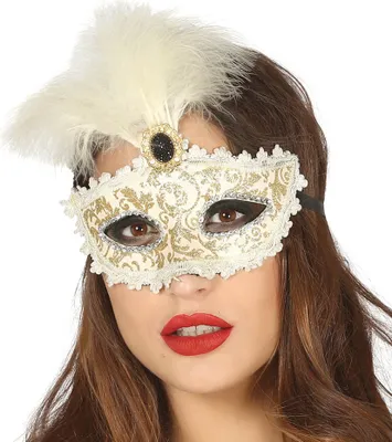 Produktbild von Venezianische Maske in gold mit weißen Federn