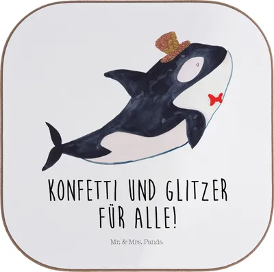 Produktbild von Mr. & Mrs. Panda Tischuntersetzer Orca Zylinder - Weiß - Geschenk, Narwal, Geburtstag, Tassen Untersetzer, Quadratisch, Flaschenuntersetzer, Konfetti, Glitter, Coaster