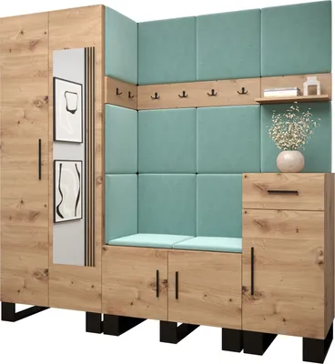 A modern entryway furniture set with integrated seating and storage, featuring wood-grain finishes and teal upholstered panels.