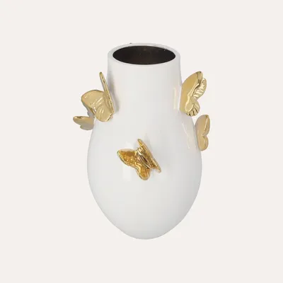 Image de KEYHOMESTORE | Vase en céramique blanc avec papillons dorés – H 34 x P 24 cm