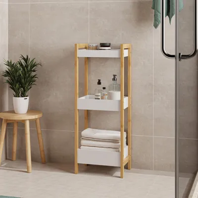 Produktbild von Badregal 'Anun' Standregal mit 3 Ablagekörben 75x28x20 cm Bambus Natur/Weiß