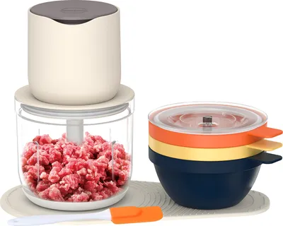 Produktbild von Multifunktionaler Gemueseschneider mit 600-ml-Behaelter, 150 W, 1500 mAh, wiederaufladbarer elektrischer Fleischwolf, Mini-Kuechenmaschine mit 3 x 240 ml Schuessel, Schaber und Silikonmatte zum Wuerfeln, Zerkleinern und Puerieren
