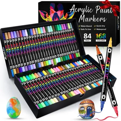 Produktbild von Acrylstifte Set 168 Farben Wasserfest Dual Tip 0,5-5 mm für Steine, Glas, Keramik, Holz, DIY