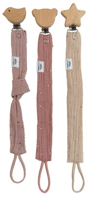 Produktbild von Schnullerketten 3er-Set Beigerosa, Puderrosa, Altrosa mit Gold, Musselin & Holz