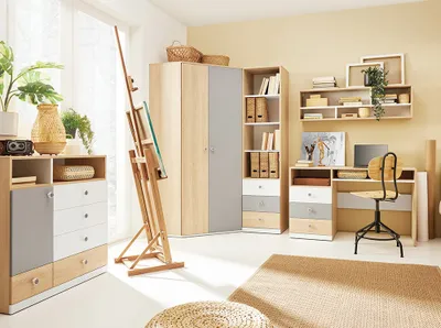 Produktbild von Jugendzimmer Set in Eiche mit weiß und grau PINETO-133, 5-teilig inkl. Schreibtisch