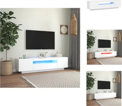 A collage of images showing a white TV stand with LED lights in different settings and colors.