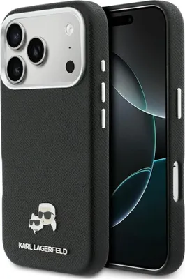 Produktbild von Handyhülle für iPhone 17 Pro Max, Karl Lagerfeld HardCase Karl and Choupette Head Pin Saffiano, Schwarz