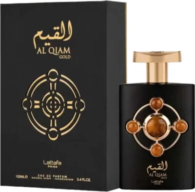 A black perfume box and bottle with gold accents.