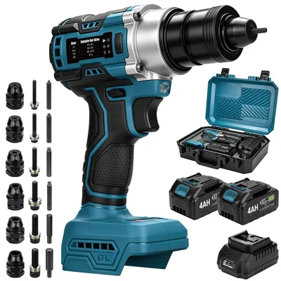 Produktbild von 4496lbs Akku Nietmutternzange mit 6 Dornen M4/M5/M6/M8/M10/M12 & 2×4,0Ah, 4 Gänge Elektrische Nietmutternpistole Muttern-Blindnietzange Nietpistole