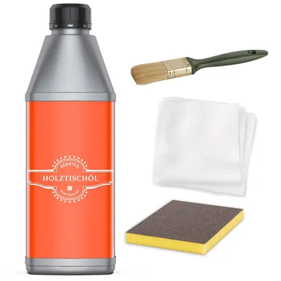 Produktbild von Holztisch Öl 0,5L Set mit Schleifmatte, Putzvliestuch & Pinsel - Arbeitsplattenöl, Möbelöl, Holzöl biologisch & lösemittelfrei, einfache Anwendung, wasser- & schmutzabweisend - BEKATEQ LS-240