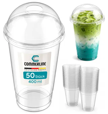 50 Stück 400 ml Smoothiebecher mit Kuppeldeckel, Plastikbecher