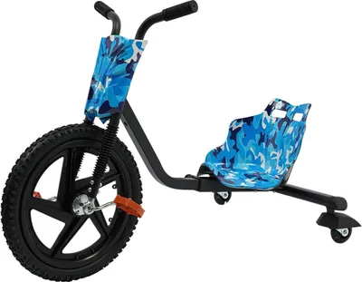 Obrázok produktu pre Drift Trike pre deti – trojkolka – 4-stupňové nastavenie dĺžky – max. 80 kg – predné koleso 40 cm – zadné kolesá 7 cm – protišmykové pedále – od 6 rokov – modrá kamufláž