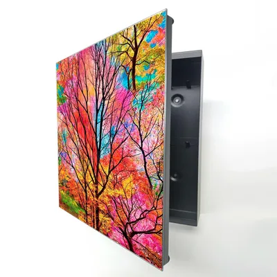 Produktbild von Schlüsselkasten Schwarz aus Metall, bunter Herbstwald Motiv hinter Glas, Moderne Schlüsselbox linksöffnend, 32x28x6,5 cm, 20 Haken