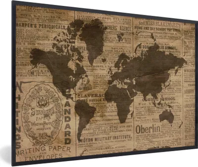 Produktbild von MuchoWow® Gerahmtes Poster Weltkarte - Retro - Zeitung 90x60 cm - Poster mit Schwarzem Bilderrahmen Wandposter Rahmen Foto Bilder - Fotorahmen - Foto-Plakat