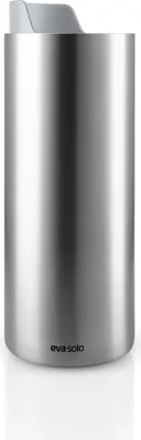 A silver thermos with a gray lid.