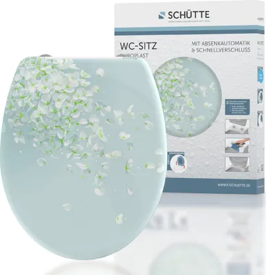 A toilet seat with a floral pattern and its packaging.
