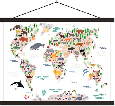 Produktbild von MuchoWow® Textilposter Weltkarte - Kinder - Tiere 40x30 cm mit schwarzem Rahmen - Dekorationen
