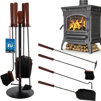 Produktbild von KOTARBAU Kaminbesteck Set Mit Ständer Kamingarnitur Werkzeug Besteck Wand Kaminofen Schwarz Kaminzubehör Schürhaken Schaufel Aschekratzer