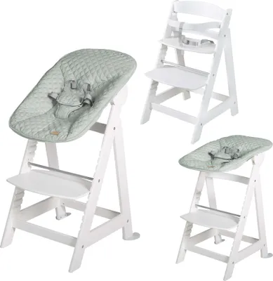 Collage of a white wooden high chair with a green quilted seat insert, shown in different configurations.