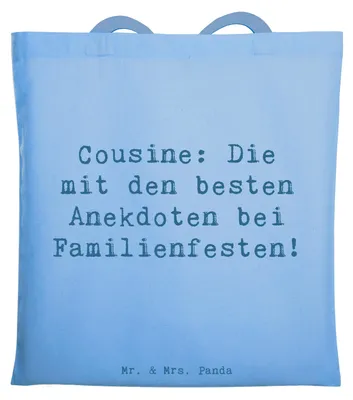 Produktbild von Mr. & Mrs. Panda Tote Bag Spruch Cousine Anekdoten - Sky Blue - Geschenk, Laptoptasche, einkaufsshopper, Bindung, Weihnachten, herzerwärmende Sprüche, Shopping Tasche