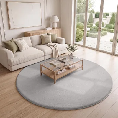 Produktbild von Modernes Rundteppich 120 cm Grau - Waschbar, Weich, Für Wohnzimmer und Kinderzimmer