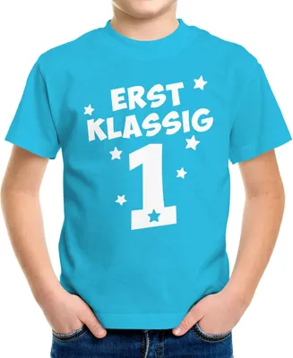 Produktbild von Kinder T-Shirt Jungen Aufdruck erstklassig Zahl 1 Sterne Geschenk zur Einschulung Schulanfang Moonworks® türkis 110-116 (5-6 Jahre)