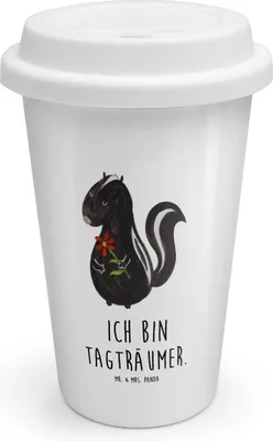 Produktbild von Mr. & Mrs. Panda Thermobecher Stinktier Blume - Weiß - Geschenk, ToGo Kaffeebecher, Thermokaffeebecher, Raubtier, Träume, Dreams, Wildtier, Skunk, To Go, Becher
