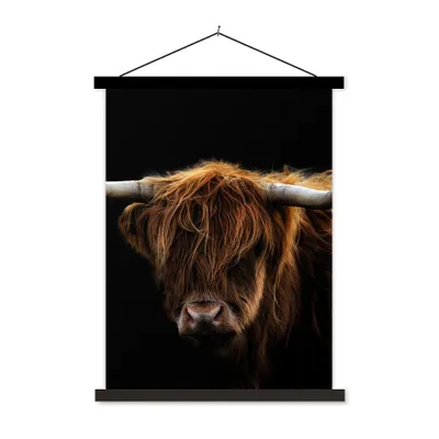 Produktbild von MuchoWow® Textilposter Schottischer Highlander - Hörner - Schwarz - Tiere - Natur - Wild - Kuh 60x80 cm mit schwarzem Rahmen - Plakathalter