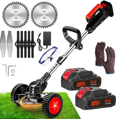 Produktbild von Akku-Rasentrimmer mit 2 Batterie, Freischneider, Motorsense, mit Akku und Ladegerät, Teleskop-Stiel & Zusatzhandgriff,mit Rädern