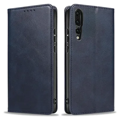 A dark blue leather flip case for a smartphone is shown from two angles.