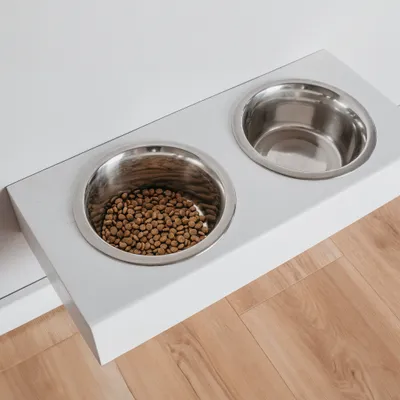 Produktbild von Erhöhter Futterständer aus Holz mit zwei Näpfen für große Hunde, Weiß, Größe L