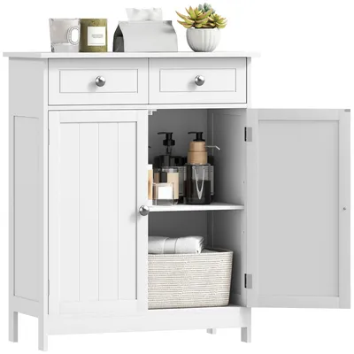 Produktbild von Badezimmerschrank, Aufbewahrungseinheit mit 2 Schubladen, Doppeltš¹r und verstellbarem Einlegeboden, 60 x 30 x 75 cm, wei?