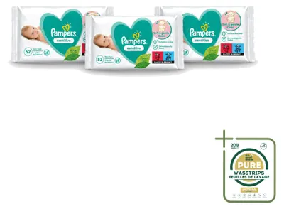 Imagen del producto de 3 paquetes de toallitas húmedas Pampers Sensitive para bebés, cada uno con 52 unidades, pack de 3