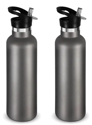 Obrázek produktu pro Nerezová ocelová láhev na pití, 750 ml, dvouplášťová, s vakuovou izolací, s brčkem, sada 2 kusů, barva: světle šedá