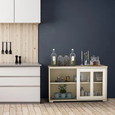 Produktbild von Sideboard Küchenschrank Wohnzimmerregel mit Schiebetüren Cremeweiß 106,5 x 33 x 62,5 cm