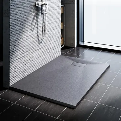 Zdjęcie produktu dla SONNI Brodzik łazienkowy 90 x 160 cm SMC – kwadratowy, wyjątkowo płaski brodzik w kolorze szarym imitującym kamień, w zestawie z zestawem odpływowym