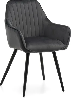 A gray upholstered dining chair with black legs is shown against a white background.