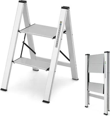 Obrázek produktu pro Stupňový žebřík 2stupňový hliníkový skládací žebřík do 150 kg stříbrný