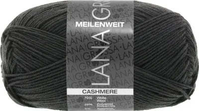 A ball of dark gray yarn with a label.