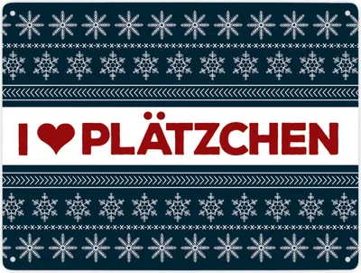 Produktbild von I love Plätzchen Metallschild XXL in blau mit Weihnachtsmuster Motiv