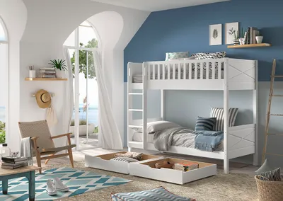 Image de Vipack SCOTT Lit superposé avec 2 surfaces de couchage 90 x 200 cm, incl. sommier à lattes, échelle et 2 petits tiroirs de lit, finition en pin laqué blanc