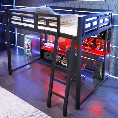Immagine prodotto di Letto a castello STILVORA, 140x200 cm, in metallo, con scrivania, illuminazione a LED e scaffali portaoggetti. Letto a castello in stile gaming, colore nero