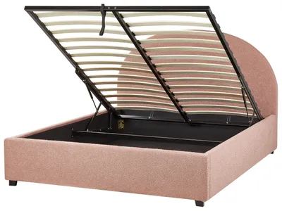 Produktbild von BELIANI Bett mit Bettkasten Pastellrosa Bouclé Gepolstert 140 x 200 cm Lattenrost Hochklappbar Hohes Kopfteil Klassisch Retro Minimalistisch Schlafzimmer