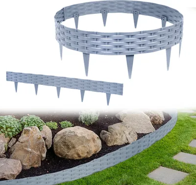 Produktbild von UISEBRT 100m Rattan Rasenkante Beeteinfassung mit 100 Elemente á 100 cm Rattan-Optik Design Beetumrandung Biegbarer Kunststoff Grau