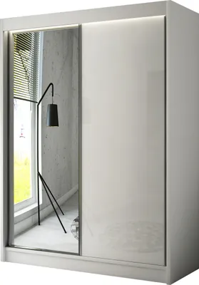 Produktbild von ALTDECOR Kleiderschrank mit Spiegel und Schiebetüren, kugelgelagerte Führungsschienen und Aluminium-Leisten, LED-Beleuchtung (weiß + 16 Farben) und Fernbedienung - VESLI - 150 cm Weiß / Lacobel Weiß